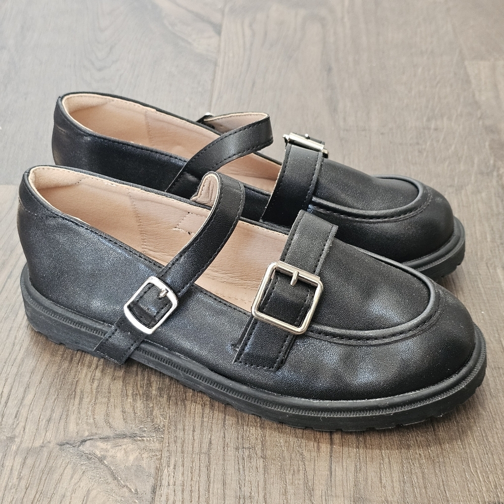 Vegan Leather Mary Jane Shoes Black Toddler Girls Flat Shoes Retro Color Sz 34